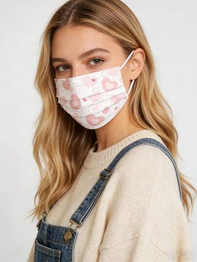 White Heart-Shaped Adult Face Mask, Disposable, 3-Ply Meltblown Non-Woven Fabric, Waterproof And Skin-Friendly Protective Mask