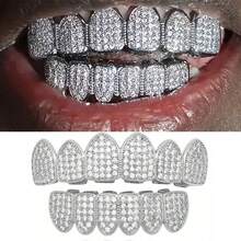 2pcs Copper Inlaid Zirconia Asymmetrical 6-Tooth Grillz Halloween Personalized Hip Hop Teeth Jewelry Suitable For Daily Wear, Music Festival, Gift - Multicolor - View 1