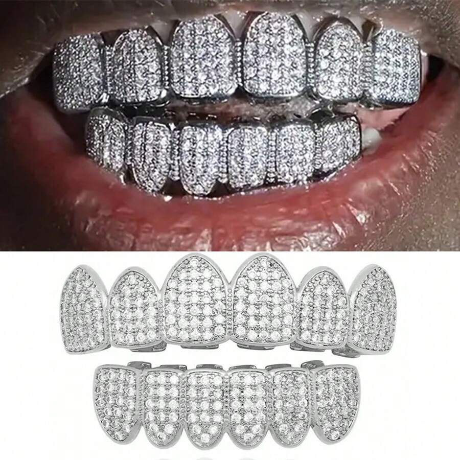 2pcs Copper Inlaid Zirconia Asymmetrical 6-Tooth Grillz Halloween Personalized Hip Hop Teeth Jewelry Suitable For Daily Wear, Music Festival, Gift - Multicolor - View 1