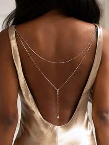 Women's Fashion Double Layer Pendant Back Chain, Evening Gown Accessory - Silver - View 4
