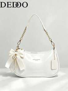 Dedoo Solid Color Bow Pearl Pendant Shoulder Bag, Multi-Compartment Zipper Bohemian Style Large Capacity Bag, Suitable For Young Women, Spring/Summer Daily Commute And Dating - White - View 6