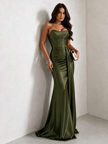 Satin Dress For Parties And Special Occasions, Strapless, Elegant - Olive Green - View 1