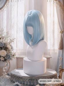 alicegarden 16-Inch Long Synthetic Wig Featuring A Natural Straight Style A Stunning Dusty Blue. Designed With Bangs , This False Hairpiece Is Perfect For Ms Daily Party Cosplay Use, Offering A Natural And Natural Durable Wig Gift For Ladies., Halloween - Dusty Blue - View 3