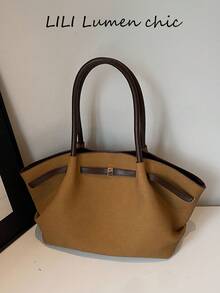Minimalist Elegant Tote Bag, Soft Pleated Body With Extended Handle Strap, Contrast Trim Accents, Metal Square Buckle Detail On Front, Open Top Design For Easy Access, Spacious Interior Storage, Clean And Generous Silhouette, Suitable For Daily Commute And Outings, Easily Matches Various Outfits - Brown - View 8