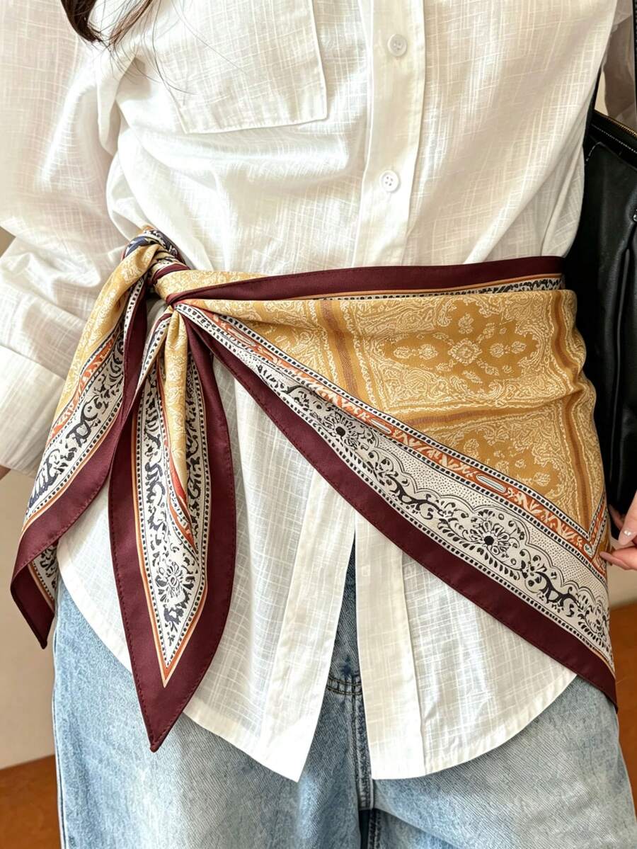1PcSoft Wool Cotton Feel Paisley Print Scarf, Multi-Way Wear Satin Bandana, Vintage Border Trim Long Neck Scarf, Waist Belt Decorative Sash - Multicolor - View 1