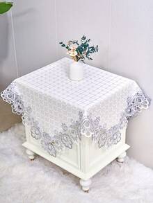 1pc Lace Tablecloth, Light Luxury White Plaid Polyester Fabric Fog Blue Water-Soluble Lace Embroidered Hollow Lace Square Tablecloth Suitable For Bedroom, Living Room, Bedside Cabinet, Square Table And More - Dusty Blue - View 7