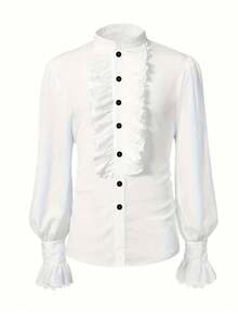 Men's Vintage Long Sleeve Ruffle Trim Front Button Stand Collar Pleated Shirt - White - View 1