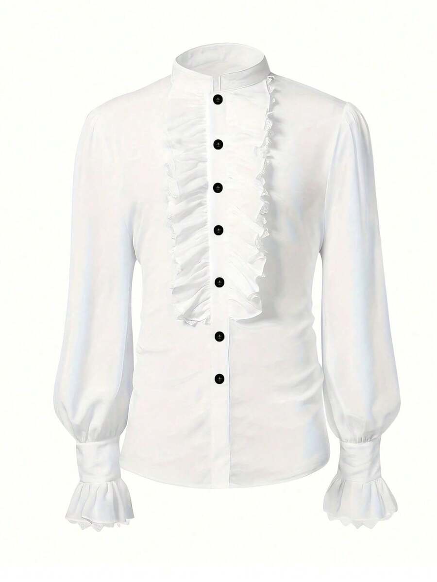 Men's Vintage Long Sleeve Ruffle Trim Front Button Stand Collar Pleated Shirt - White - View 1