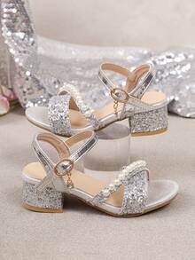 Girls' Glossy Pearl High Heel Sandals With Buckle Ankle Strap, Sweet Princess Shoes For Daily Wear And Party - Silver - View 5