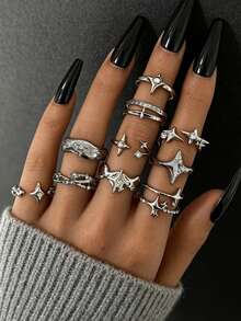 Juego de 10 anillos apilables para mujer con murciélagos y estrellas de cuatro puntas estilo oscuro, textura de metal líquido, diseño starburst con strass y múltiples elementos - Plateado - Ver 2