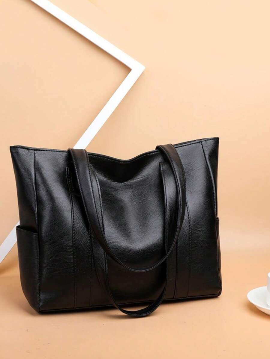 Bolso Tote Minimalista para Adolescentes, Mujeres, Estudiantes Universitarias, Principiantes y Trabajadores de Cuello Blanco, Perfecto para Oficina, Trabajo, Negocios, Desplazamientos, Mejor Bolso de Trabajo para Mujeres, Bolsos Tote de Cuero PU, Bolsos de Mano, Nuevo Bolso para Mujeres, Bolso Tote, Bolso de Hombro, Bolso Grande Simple, Bolso Portátil con Asa, Bolsas de Compras - Negro - Ver 1