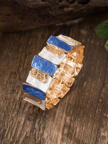 Set Perhiasan Gelang & Cincin Bertekstur Blok Warna Vintage, Gelang dan Cincin Enamel Geometris Tidak Beraturan Biru, Aksesori Fesyen Retro untuk Wanita Sehari-hari - Geometri 1 - View 4