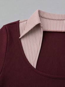 Women's Slimming 2 In 1 Short Sleeve Top, Ribbed Fabric Design With Square Neck, Ribbed Patchwork And Single-Breasted Buttons, Suitable For Office Wear Or Spring Mature Style - Burgundy - View 6