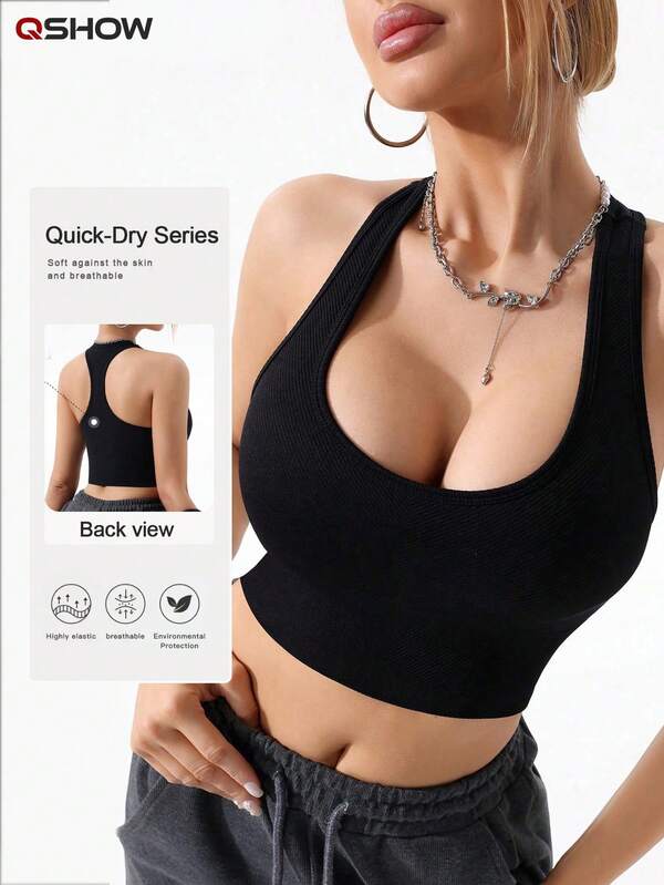 1pc Women's Racerback Sports Bra, Solid Color, High-Intensity Workout Yoga Gym Bra Summer Black