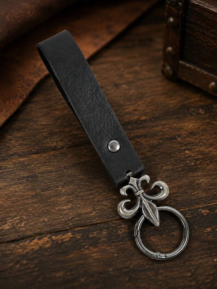 1pc Medieval Leather Belt Key Hook, Vintage Lily Metal Ring Keychain, Renaissance Viking LARP Cosplay Waist Hanging Costume Accessory, Halloween Outfit Decoration - ZSJ - View 1
