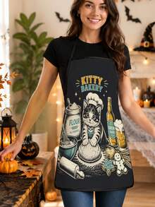1pc Cute Cat Baking Theme Apron, Size 55x68cm With Black Trim Design. Made Of High-Quality Printed Fabric, Warm And Healing Pattern, Perfect For Kitchen Cooking And Baking Scenes. Ideal Decoration For Holiday Parties, Essential For Autumn Home Life - Multicolor 1 - View 2