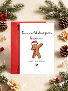 1pc Sassy Gingerbread Man Christmas Card With Envelope, Printed Dabbing Gingerbread Santa Hat Art, "From One Fabulous Queen To Another", For Besties & Best Friends, Secret Santa Holiday Gift Exchange, Blank Inside - A - View 3