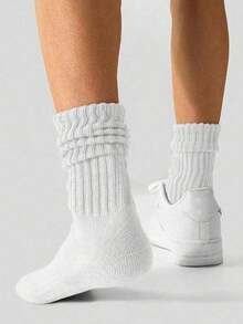 1/5/10 Pairs Minimalist Style Casual White Soft Long Socks, Comfortable And Warm, Soft And Fluffy Texture, With Sports Function, Suitable For Year-Round Wear - White - View 2