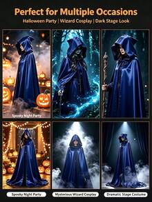藍色連帽長披風，萬聖節女巫 Cosplay 套裝－附超大連帽萬聖節幽靈 Cosplay 套裝披風，適合舞台表演、Cosplay、聖誕禮物，送給家人的完美禮物 - 藍色 - 查看 4