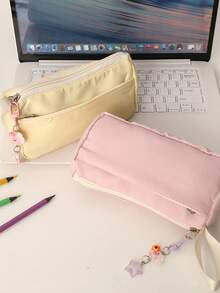 1pc New Ins Simplicity Solid Style Large Capacity Cute Plush Pencil Case With Keychain Simple Stationery Organizer Bag For Students - Pencil Case - View 3