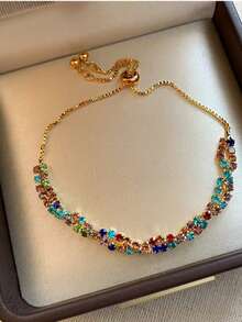 1pc Luxury Niche Design High-End Versatile Best Friend Bracelet Lucky Rainbow Sugar Cube Dopamine Bracelet With Rhinestones, Random Color/Quantity Cut - Gold - View 3