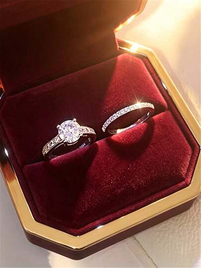 2pcs Women's Engagement Ring Set, Fashion Classic Cubic Zirconia Decorated Ring Set, Suitable For Women's Daily Wear, Engagement, Wedding, Anniversary, Party, Jewelry, Valentine's Day, Birthday Gift