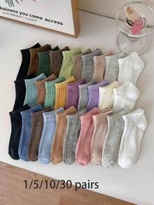 1/5/10/30 Pairs Women's Ankle Socks, Random Solid Color Design With Vertical Stripes, Breathable And Soft, Suitable For Daily Wear, Versatile For Multiple Styles - Multicolor - View 20