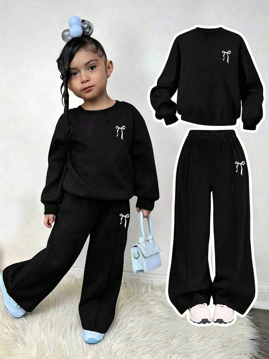 Young Girl Cartoon Bow Print Round Neck Long Sleeve Top And Long Pants - Black - View 1