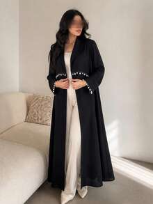 Hafizah Black Beaded Trim Patchwork Pleated Long Abaya Jacket, Loose Draping Flowy Cardigan, Elegant Versatile Daily Wear For Women - Black - View 2