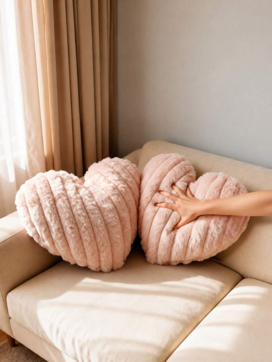 1PC Ribbed Velvet Heart Shaped Throw Pillow, Soft Romantic Decorative Cushion For Sofa Couch Living Room Bedroom, Valentine's Day Gift Aesthetic Home Decor Room Decoration - Pink - View 1