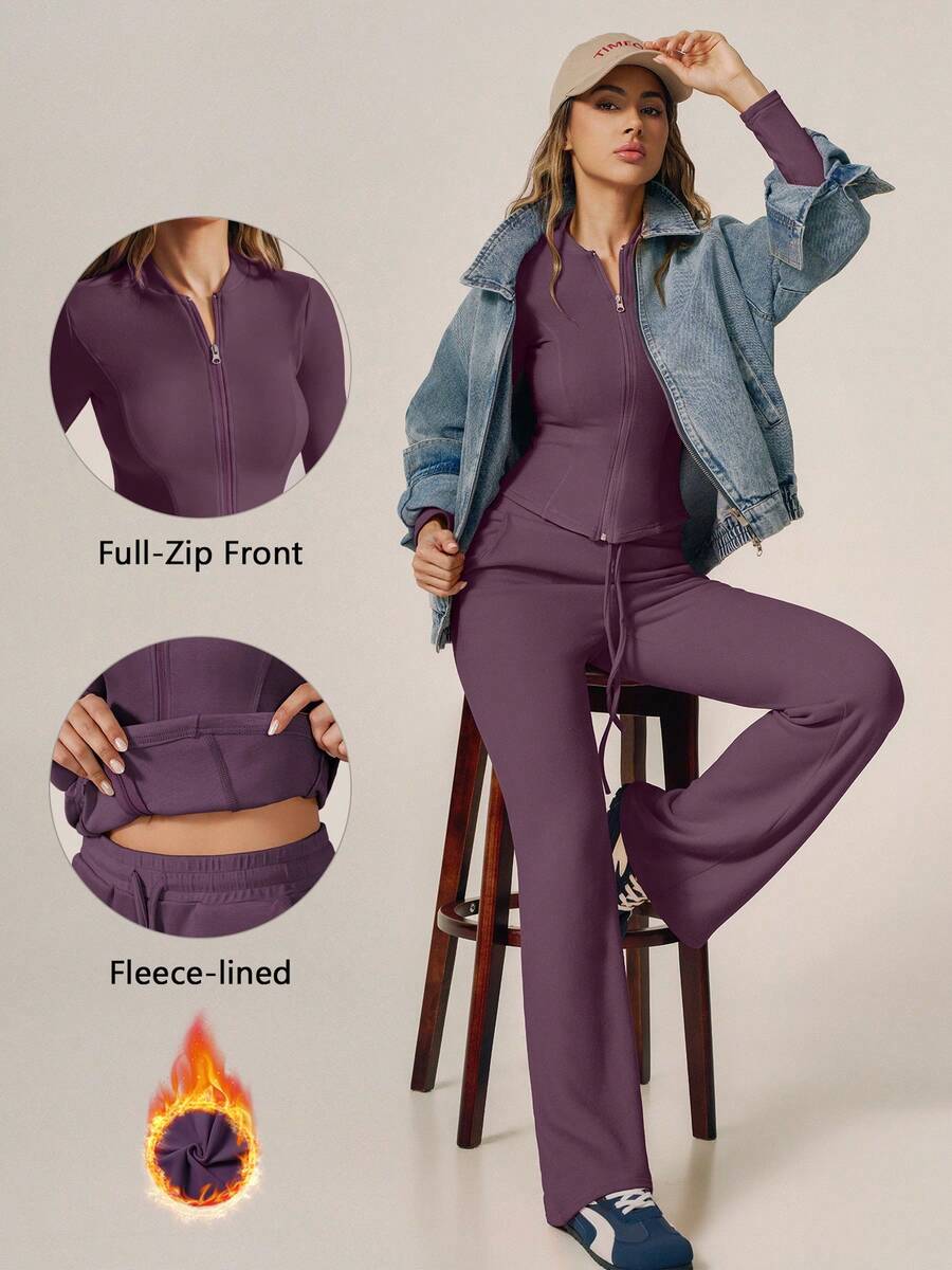 TimeOff Women's One Set Autumn/Winter Solid Color Stand Collar Zipper Long Sleeve Drawstring Waist Flare Pants Sports Set - Purple - View 1