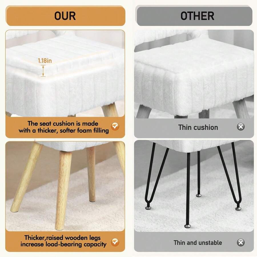 Vanity Stool With Storage & Foldable Backrest, Faux Rabbit Fur Makeup Chair With 4 Solid Wood Legs, Soft Ottoman Bench For Bedroom, Closet & Living Room, 11.4"D X 14.9"W X 28.7"H