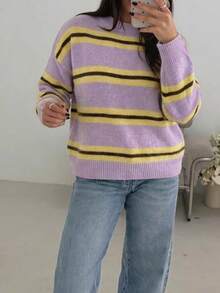 Women's Colorblock Striped Crew Neck Long Sleeve Drop Shoulder Loose Knit Pullover - Lilac Purple - View 7