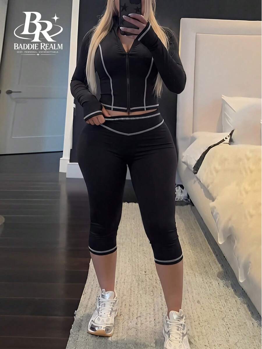 BADDIE REALM 女款 2 件式修身彈性套裝,對比滾邊細節,七分褲,日常運動休閒套裝 - 黑色 - 查看 1