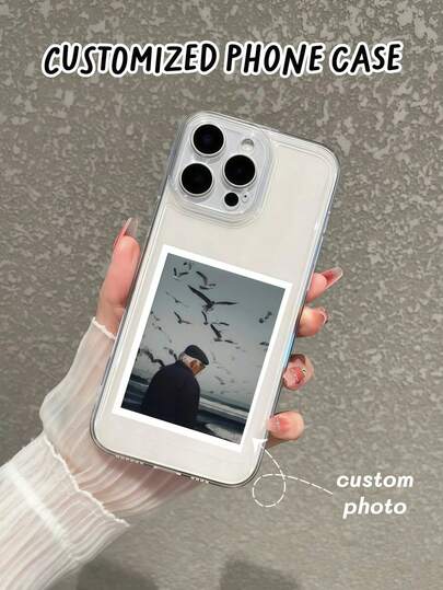 1 pieza Funda de teléfono transparente anti-colisión, funda de teléfono personalizable con carga de fotos, diseño de marco, protección completa anti-caída de la lente, funda de teléfono de TPU suave, compatible con dispositivos Apple y Android