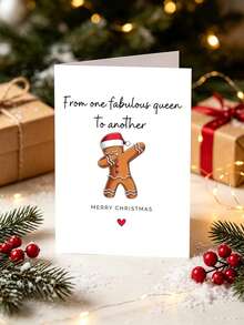 1pc Sassy Gingerbread Man Christmas Card With Envelope, Printed Dabbing Gingerbread Santa Hat Art, "From One Fabulous Queen To Another", For Besties & Best Friends, Secret Santa Holiday Gift Exchange, Blank Inside - A - View 7