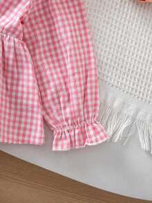 1pc Young Girl) Cute Peter Pan Collar Long Sleeve Plaid Shirt, Thin Fabric, Spring/Autumn - Pink - View 7