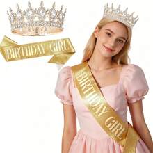 1pc/2pcs Birthday Girl Crown & Sash Set, Rose Gold/Purple/Gold Rhinestone Tiara + Glitter Sash, Women & Girls Birthday Party Accessories - Multicolor - View 5