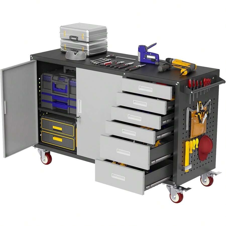 55 Inch Rolling Workbench With 6 Drawers And Storage Cabinet 1000 LBS Heavy Duty Work Bench With Pegboard And Adjustable Shelf Garage Workbench Table On Wheels For Workshop Repair Shop Black - 37.5"H X 55"W X 19.7"D - View 1