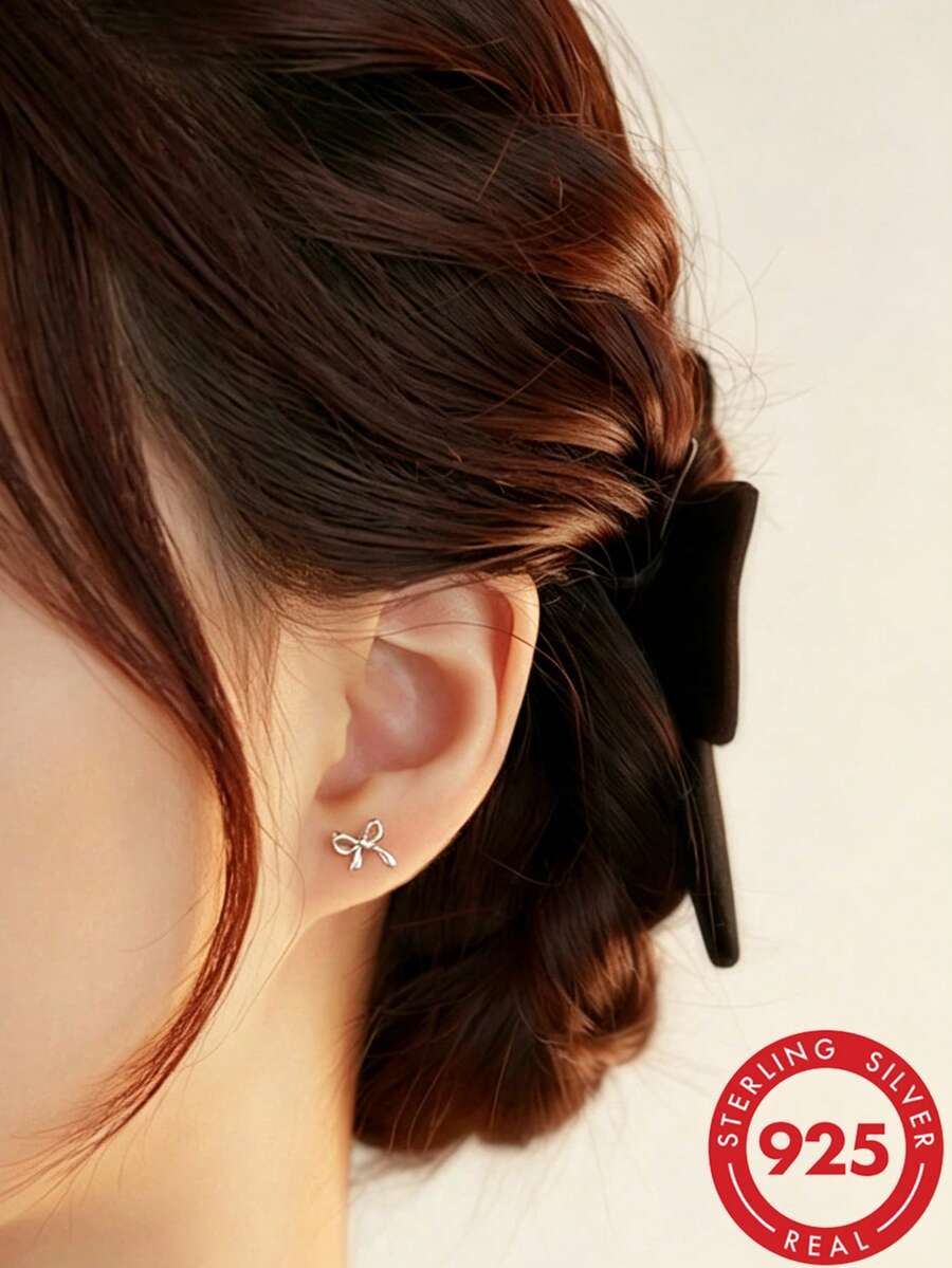 1對925純銀蝴蝶結耳釘女款,睡眠穿孔維護用 - 蝴蝶結 - 查看 1