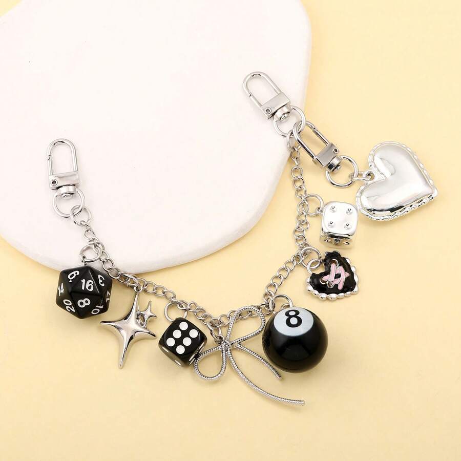 Y2K Style Bag Charms Heart‑Shaped Dice And Billiards Backpack Accessories Heart Star And Bow Chain Bag Charms Punk Backpack And Tote Bag Accessories