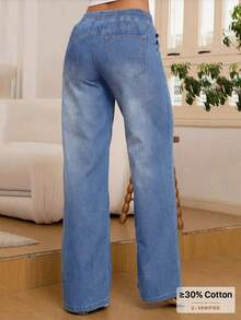 Plus Size Fashion Washed Denim Wide Leg Pants, Drawstring Waistband, Comfortable Non-Stretch Long Loose Fit Pants, Show Off Your Fashion Style - Blue - View 4