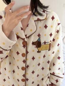 Aesletic 2pcs/Set Autumn/Winter Women's Flannel Cardigan Button Pajamas, Geometric Print Ramadan Romantic Casual Comfortable Loungewear - Apricot - View 6