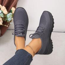 All-Season Women's Mesh Sneakers With Tight Weave, Breathable Lace-Up Thick Sole Height-Increasing Casual Shoes For Daily Wear And Pants Matching - Grey - View 7