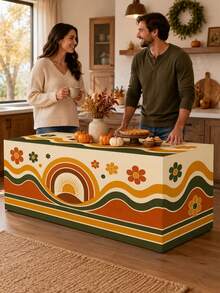 1pc Retro Boho Fall 3-Sided Table Cover, Polyester Tablecloth With Orange Green Wavy Stripes, Vintage Flowers & Sunrise Arch, 70s Geometric Table Decor For Autumn Party,Suitable For Thanksgiving, Weddings, Kitchen Decor, And Autumn Home Decoration. - Multicolor - View 6