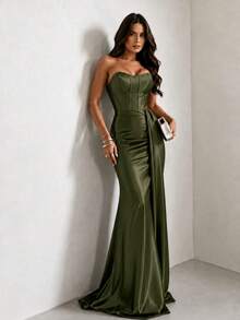 Satin Dress For Parties And Special Occasions, Strapless, Elegant - Olive Green - View 3