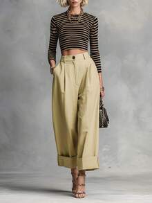Kayi Solid Color Button Zipper Pocket Suit Fabric Wide Leg Cropped Pants Casual Commute Daily Spring Autumn Pants Business Casual Workwear Teacher - Khaki - View 3
