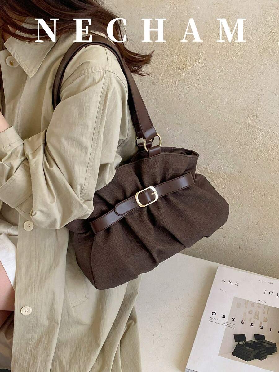 1pc Korean Style Polka Dot Highly Attractive Niche Shoulder Bag With Exquisite Buckle Design Tote Bag - Coffee - View 1