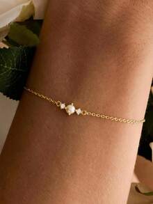 1 Simple And Fashionable 14K Gold Bracelet, Single White Pearl Pendant Exquisite Wrist Jewelry, Women's Wedding Daily Party Simple Bracelet. - Gold - View 3