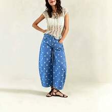 Pants For Women,Women High Waist Polka Dot Barrel Pants, Seam Detail Loose Cropped Casual Denim Trousers - Reddish-brown - View 5